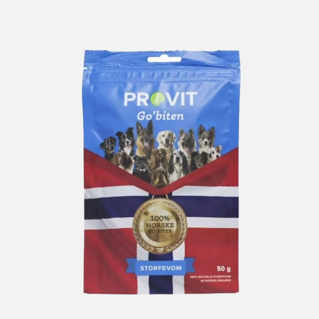 Provit Go’biten er rene, norske naturprodukter uten noen form for tilsetninger. Dette gir trygge og naturlige godbiter til kos, trening og belønning av hunden. Go’biten Storfevom er produsert av norsk storfe og frysetørket. Frysetørking bevarer råvarens kvalitet, smak, næringsinnhold, mineraler og vitaminer.
Høy smakelighet og lukt av storfevom gir motiverte hunder. Dette er en godbit hunden virkelig vil jobbe for. Go’biten passer derfor ypperlig i innlæring og trening av hund på alle nivåer.
