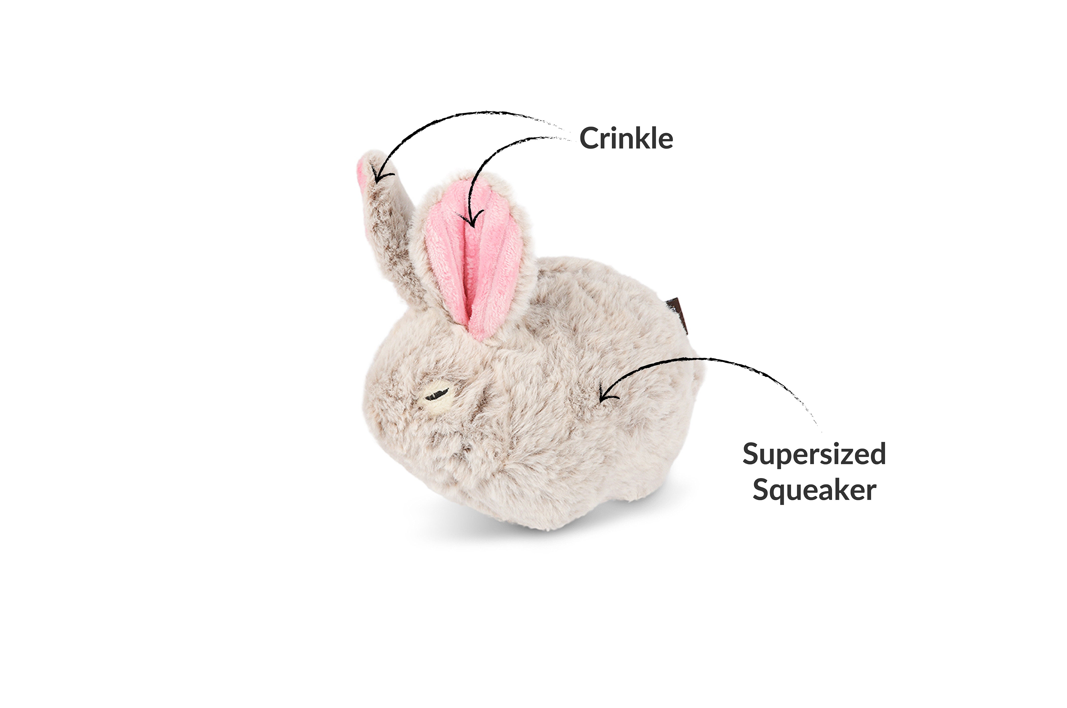 En fin og rund kanin med ekstra stor pip og crinkle i kaninørene.